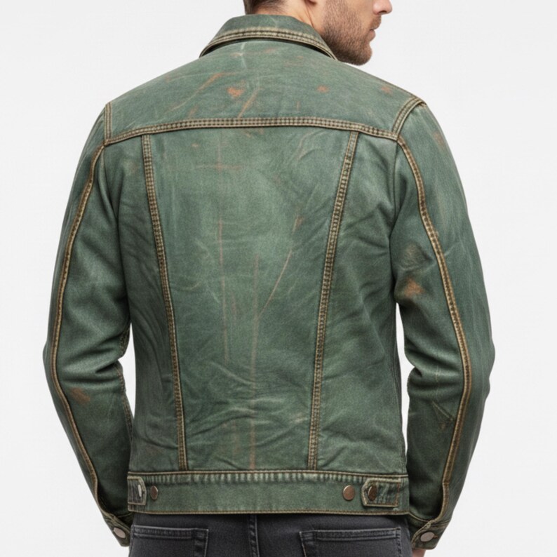 Pode incluir: Jaqueta jeans verde desgastada com gola cl&aacute;ssica e bot&otilde;es. A jaqueta apresenta costuras marrons e uma apar&ecirc;ncia desgastada, sugerindo uma est&eacute;tica vintage. A vista traseira mostra o design e a constru&ccedil;&atilde;o da jaqueta.