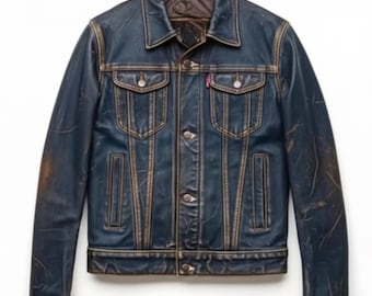 Chaqueta de cuero estilo camionero azul para hombre, de piel de cordero auténtica, informal y elegante.