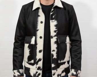 Herren Kuh Print Hair-On-Hide Pelzjacke, echte Pony-Haar Bomberjacke, Western Rindsleder Oberbekleidung