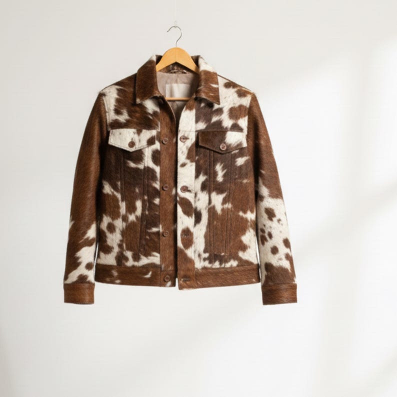 Puede incluir: Chaqueta de piel de vaca marr&oacute;n y blanca con un dise&ntilde;o cl&aacute;sico abotonado. La chaqueta tiene dos bolsillos en el pecho y un cuello. La chaqueta est&aacute; colgada en una percha de madera.