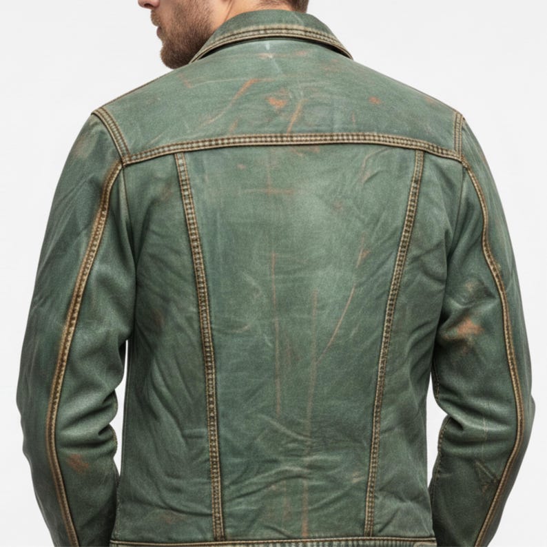 Men’s Green Leather Trucker Jacket – Real Lambskin Distressed Jacket, Vintage Style Biker Coat