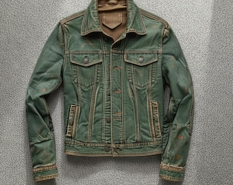 Chaqueta vaquera verde de cuero para hombre – Chaqueta de piel de cordero auténtica con efecto desgastado, estilo motero vintage