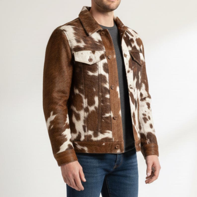 Puede incluir: Chaqueta de piel de vaca marr&oacute;n y blanca con cuello cl&aacute;sico, dos bolsillos en el pecho y cierre de botones. La chaqueta tiene mangas y ribetes marrones, y se usa con una camisa gris y vaqueros azules.
