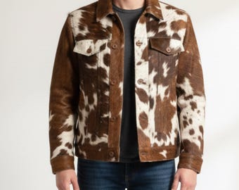 Jaqueta masculina de couro bovino, jaqueta com estampa de vaca em couro com pelo verdadeiro.