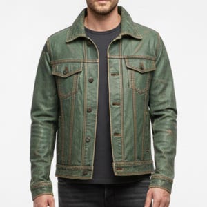 Men’s Green Leather Trucker Jacket – Real Lambskin Distressed Jacket, Vintage Style Biker Coat