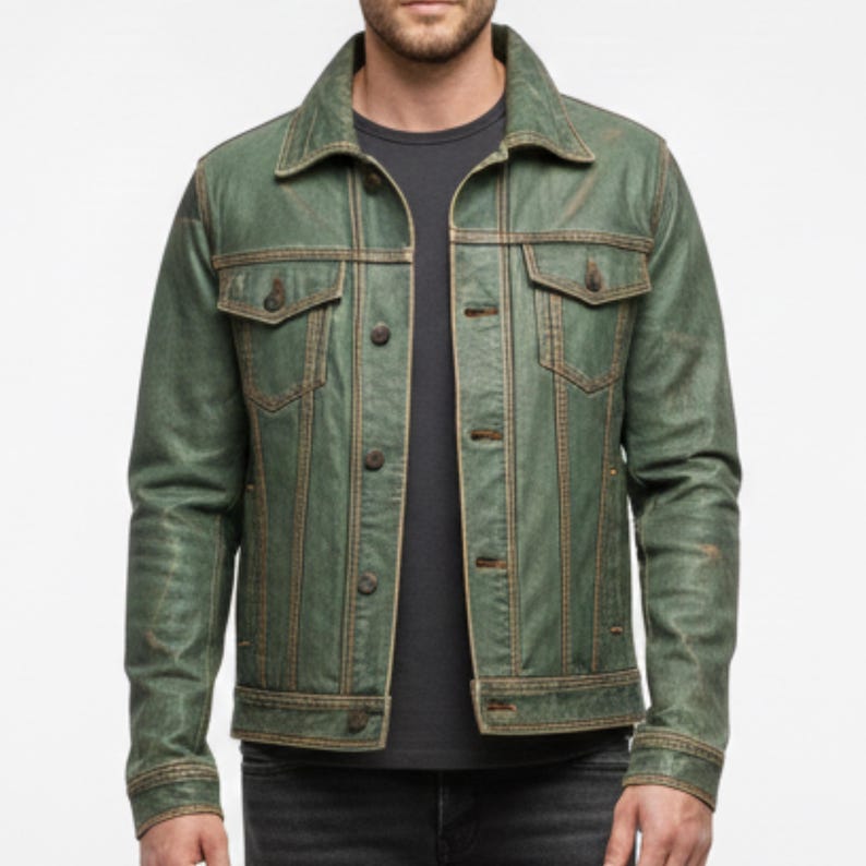 Men’s Green Leather Trucker Jacket – Real Lambskin Distressed Jacket, Vintage Style Biker Coat
