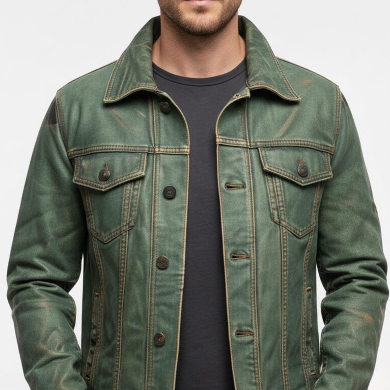 Men’s Green Leather Trucker Jacket – Real Lambskin Distressed Jacket, Vintage Style Biker Coat