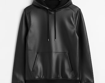 Zwarte leren herenhoodie, echt lamsleren bikerjack met capuchon voor heren