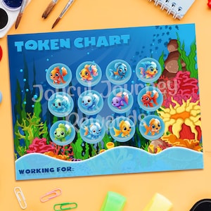 Może przedstawiać: Niebieski wykres żetonów ze słowami "TOKEN CHART" na górze. Wykres zawiera 12 kreskówkowych ryb w bąbelkach, ze słowami "Joyful Journey Rewards" i "WORKING FOR:" na dole. Tło przedstawia podwodną scenę.