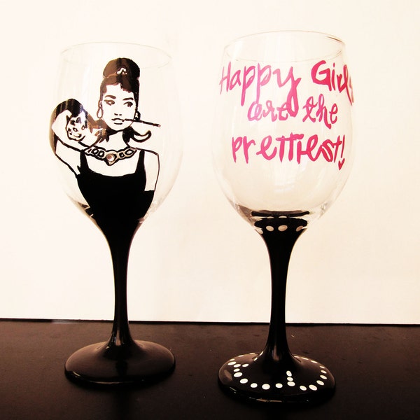 Audrey Hepburn Inspired Wine Glass set - Breakfast at tiffanys - set ot 2 - hand painted wine glasses 20 oz