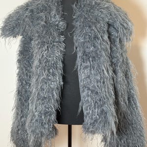 May include: A gray, shaggy faux fur coat displayed on a black mannequin. The coat has a collarless design and short sleeves. The fur appears soft and has a textured appearance, with varying shades of gray.