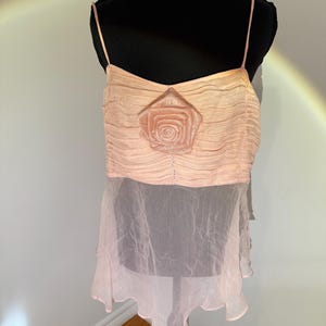 May include: A light pink camisole top with spaghetti straps and a rose applique. The top features a pleated bodice and a sheer, layered skirt. The garment is displayed on a black mannequin.