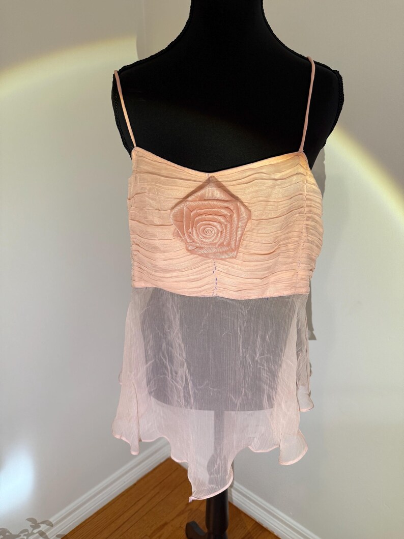 May include: A light pink camisole top with spaghetti straps and a rose applique. The top features a pleated bodice and a sheer, layered skirt. The garment is displayed on a black mannequin.