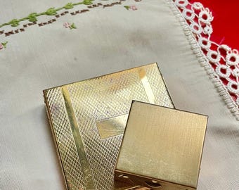 Gold-Tone Powder Compact with Mirror and Puff and Mini Compact Bundle! Vintage 50s