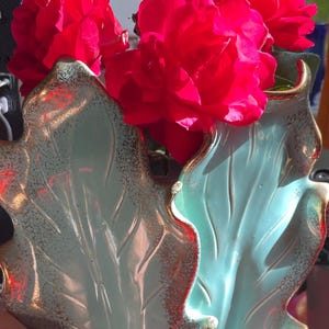 2 California Pottery Leaf-Shaped Ceramic Wall Sconces with  Blue-Green Glaze and gold Speckle Accents. Vintage 30s