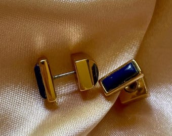 Gold-Tone Lapis Stone, Stud Earrings. Mid-century. Tiny.