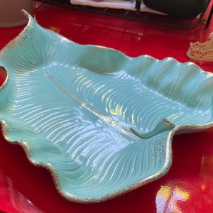 California Pottery Leaf-Shaped Ceramic Dish with Blue-Green Glaze and gold Speckle Accents. Vintage 30s