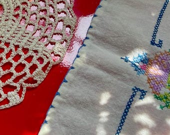 Hand-Cross-stitched Linen Table Runner With Floral Motifs. AND Crocheted Doily. BUNDLE!  Vintage 50s