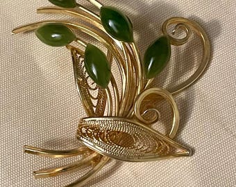 Gold-tone Filligree Broach Brooch Pin with Cabachon Stones Vintage