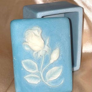 Vintage Incolay Stone Trinket Box: Blue Rose Relief, Design Gifts International 1974
