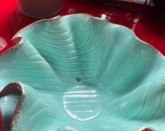 A Mid-century California Pottery Turquoise and Gold Ruffled Ceramic Bowl.