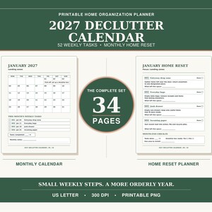 Utskrivbar utrensningskalender för 2027: 52 veckouppgifter och månatlig planeringsplanerare för återställning av hemmet