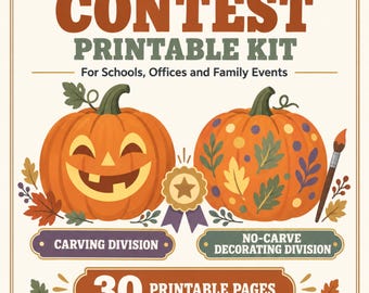 May include: A printable kit for a pumpkin carving and decorating contest featuring text, two illustrated pumpkins, a gold award ribbon, and a paintbrush. The design includes autumn leaves, 30 printable pages, and labels for carving and no-carve divisions.