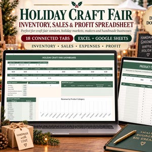 May include: A digital spreadsheet for holiday craft fair inventory, sales, and profit tracking displayed on a laptop and tablet screen. The interface features a dashboard with data tables, charts, and product catalogue tabs for Excel and Google Sheets.