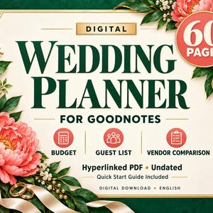 May include: A digital wedding planner for Goodnotes featuring 60 pages, a budget tracker, guest list, and vendor comparison. The design includes pink peonies, green leaves, and gold ribbons on a cream background with dark green text.