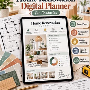 May include: A digital home renovation planner displayed on a tablet screen, featuring sections for room plans, budget tracking, and project overviews. The layout includes a floor plan, color swatches, a gold pen, and a yellow measuring tape.