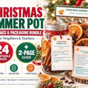 Op de afbeelding: Een set met cadeau-labels en verpakkingen voor een kerst-sudderpot, bestaande uit 24 printbare pagina's, een gids van 2 pagina's en 4 gecoördineerde stijlen. Inclusief pot-etiketten, zak-toppers en instructiekaarten met tekst.