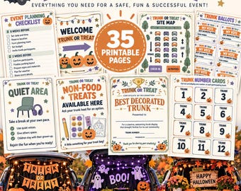May include: A Trunk or Treat event planning kit featuring 35 printable pages including checklists, site maps, ballots, and trunk number cards. The kit includes signs for quiet areas, non-food treats, and best decorated trunk certificates with orange and purple accents.