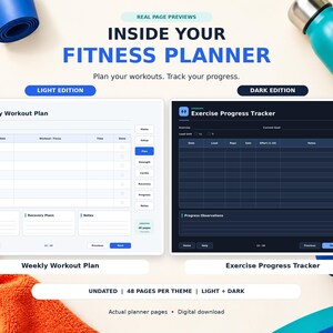 May include: A digital fitness planner featuring a Weekly Workout Plan in light mode and an Exercise Progress Tracker in dark mode. The text reads INSIDE YOUR FITNESS PLANNER, Plan your workouts. Track your progress. UNDATED | 48 PAGES PER THEME | LIGHT + DARK.