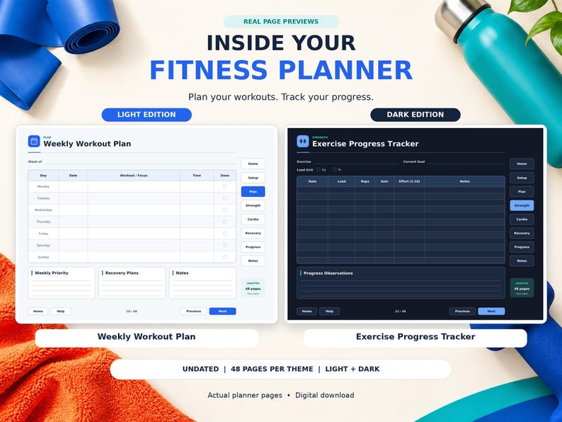 May include: A digital fitness planner featuring a Weekly Workout Plan in light mode and an Exercise Progress Tracker in dark mode. The text reads INSIDE YOUR FITNESS PLANNER, Plan your workouts. Track your progress. UNDATED | 48 PAGES PER THEME | LIGHT + DARK.