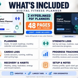 May include: A digital fitness planner set featuring light and dark themes, 48 pages per theme, and 2 hyperlinked PDF planners. The layout includes sections for planning, strength logs, cardio logs, progress tracking, recovery, habits, and setup notes.