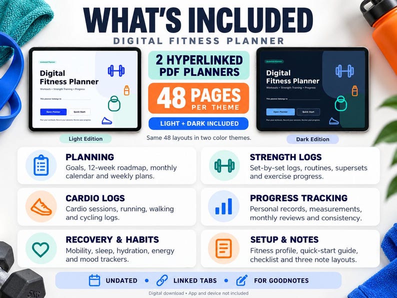 May include: A digital fitness planner set featuring light and dark themes, 48 pages per theme, and 2 hyperlinked PDF planners. The layout includes sections for planning, strength logs, cardio logs, progress tracking, recovery, habits, and setup notes.