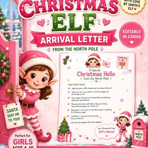 Könnte beinhalten: Eine anpassbare Weihnachtself-Ankunftsbrief-Vorlage mit einem rosa Design, einer Elfen-Cartoon-Figur, einem Brief vom Nordpol und Text wie Customizable Christmas Elf Arrival Letter, Made with Love und Editable in Canva.