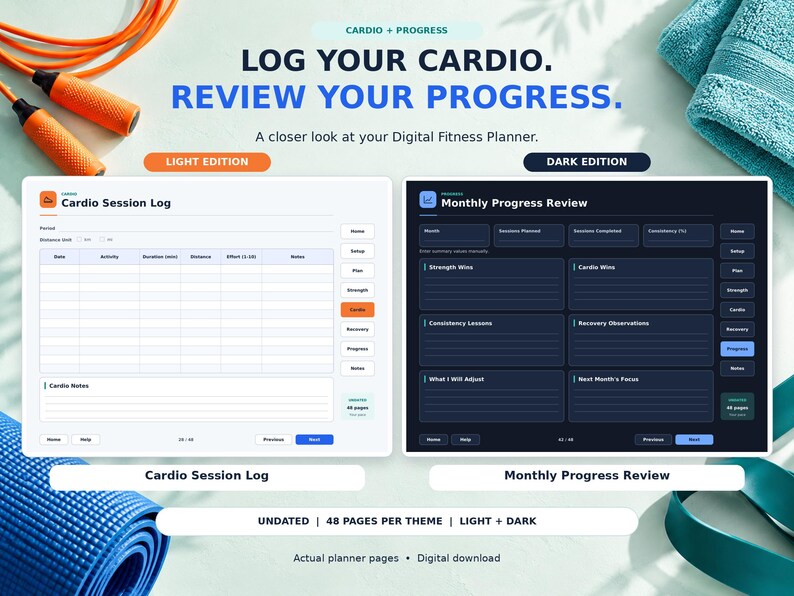 May include: A digital fitness planner featuring a light edition Cardio Session Log and a dark edition Monthly Progress Review. The text reads LOG YOUR CARDIO. REVIEW YOUR PROGRESS. CARDIO + PROGRESS. The layout includes tables for tracking sessions, distance, and progress notes.