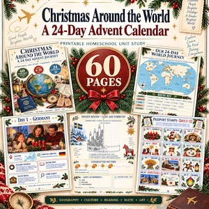 May include: A 60-page printable Christmas Around the World 24-day advent calendar homeschool unit study. The cover features a globe, passport, and map. Included are lesson pages for Germany, Sweden, and a passport stamp sheet with 12 country icons.