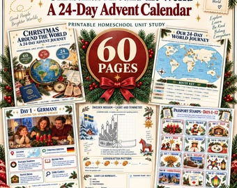 May include: A 60-page printable Christmas Around the World 24-day advent calendar homeschool unit study. The cover features a globe, passport, and map. Included are lesson pages for Germany, Sweden, and a passport stamp sheet with 12 country icons.