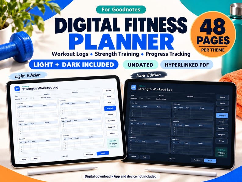 May include: A digital fitness planner for Goodnotes featuring 48 pages per theme, workout logs, strength training, and progress tracking. The display shows light and dark editions on two tablets with hyperlinked PDF navigation.