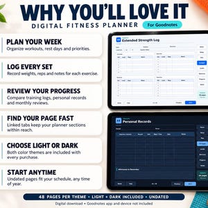 May include: A digital fitness planner for Goodnotes featuring light and dark themes. The display shows an Extended Strength Log and Personal Records page. Text includes Why You'll Love It, Plan Your Week, Log Every Set, Review Your Progress, Find Your Page Fast, Choose Light Or Dark, and Start Anytime.