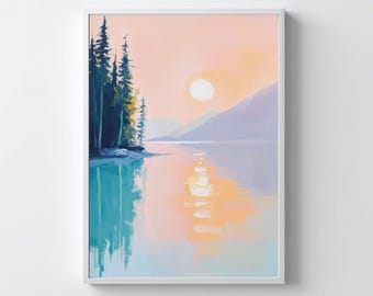 May include: A framed landscape print featuring a serene lake scene at sunset. The artwork showcases a vibrant sky with a setting sun, reflected in the calm water. Trees line the shore, and the text "Altin Digital Prints" is at the bottom.