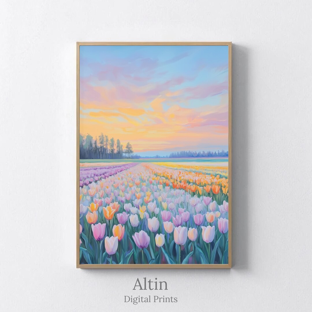 Pastel Tulip Field Wall Art, Spring Landscape Painting, Pink Flower ...