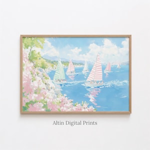 May include: A framed digital print featuring a coastal landscape painting with sailboats on blue water. The scene includes pink and white flowers in the foreground, green trees on the hillside, and several sailboats with striped sails under a blue sky.