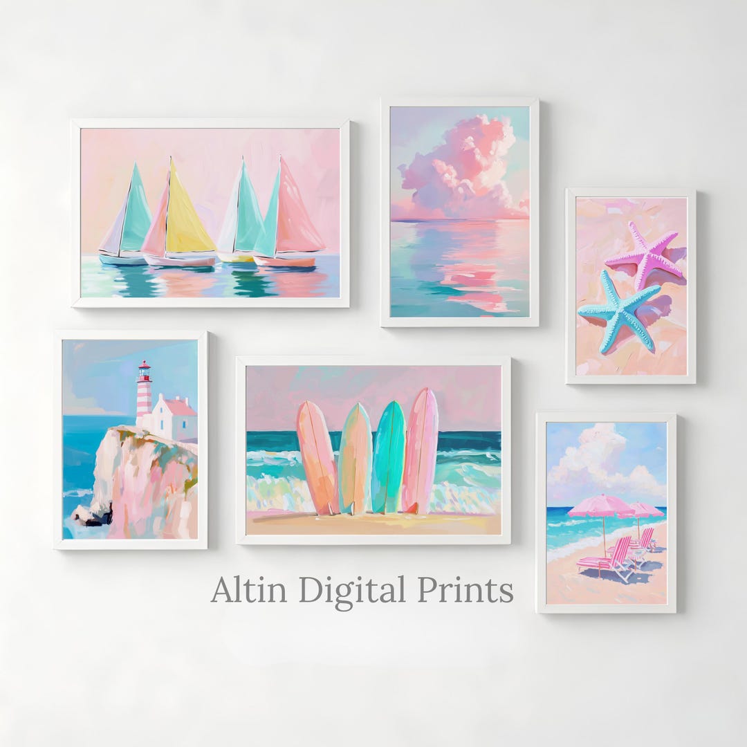 Pink Coastal Gallery Wall Art Bundle, Teen Beach House Bedroom Art Set ...