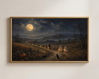 Décoration murale pour téléviseur : Parade d'Halloween au clair de lune, champ de citrouilles fantôme vintage, téléchargement numérique pour téléviseur Samsung