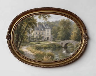 Impression de paysage de château français, peinture vintage de manoir européen (téléchargement numérique)
