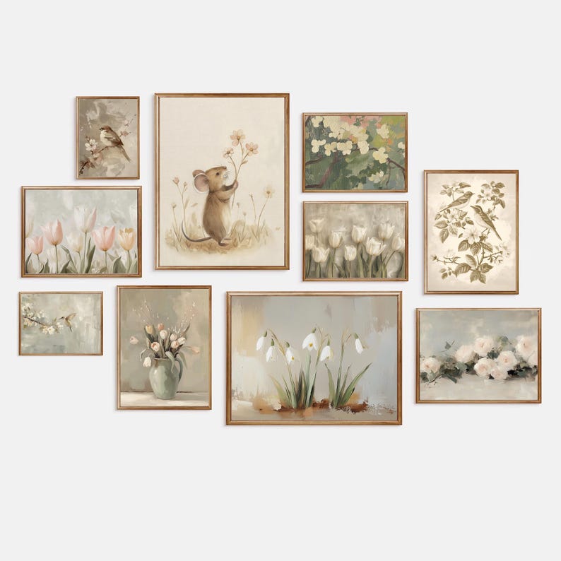 May include: A collection of framed art prints with a vintage aesthetic. The artwork features floral and animal themes, including a mouse holding flowers, birds, and various flower arrangements. The color palette is soft, with muted tones of beige, green, and pink.