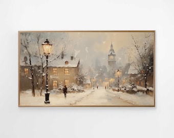 May include: A framed oil painting depicts a snow-covered street scene. Buildings with lit windows line the road, illuminated by street lamps. A figure walks down the snowy path, with a church steeple in the distance. The artwork is in a gold frame.